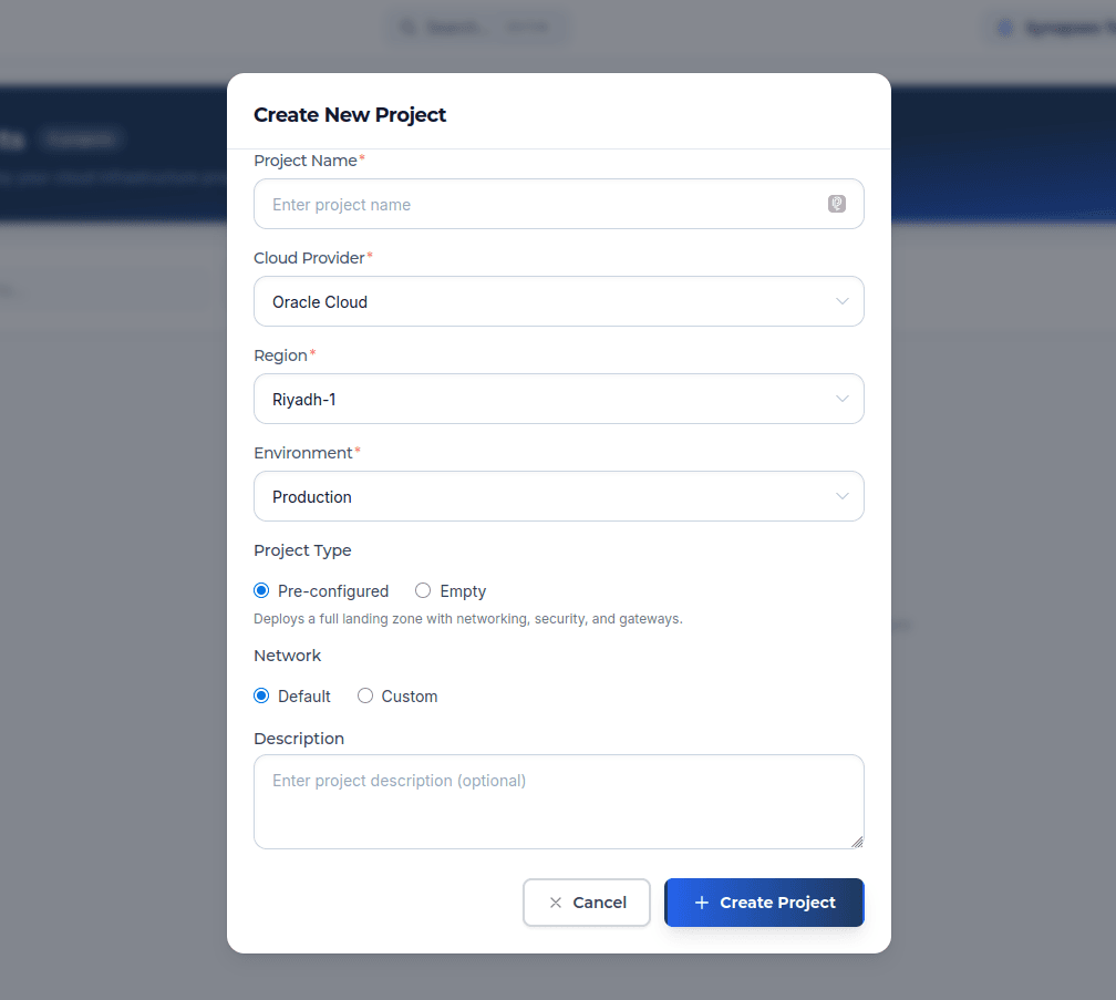 Create new project modal selecting Oracle Cloud, Riyadh region, production environment