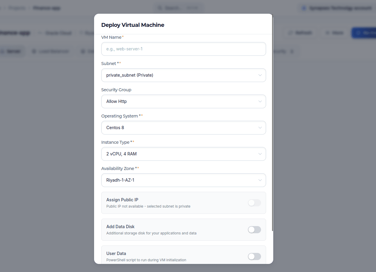 Deploy virtual machine form with subnet, security group, OS, instance type, availability zone