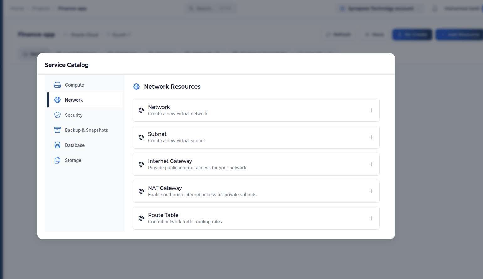 Service catalog showing network resources: virtual network, subnet, gateways, route table